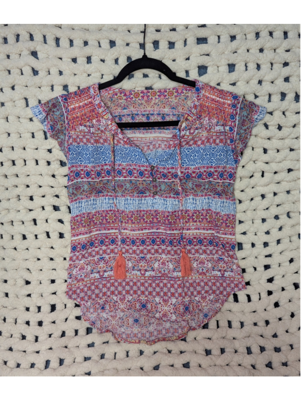 Boho Tassel Peasant Blouse Tribal Paisley Print Rayon Top Women's Size